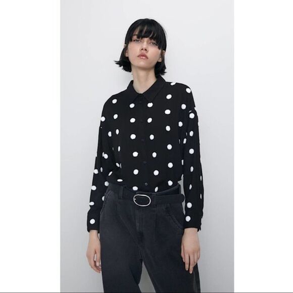 Zara EUC Knitted Textured Polka Dot Black White Semi Sheer Blouse Shirt Size M - Picture 1 of 7
